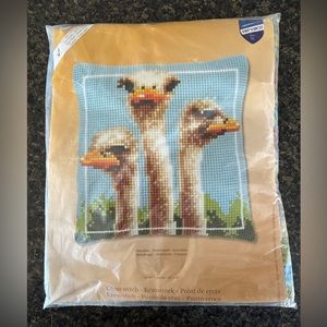 Vervaco 3 Ostrich Cross Stitch Pillow Kit. 16" x 16". Very Easy NEW